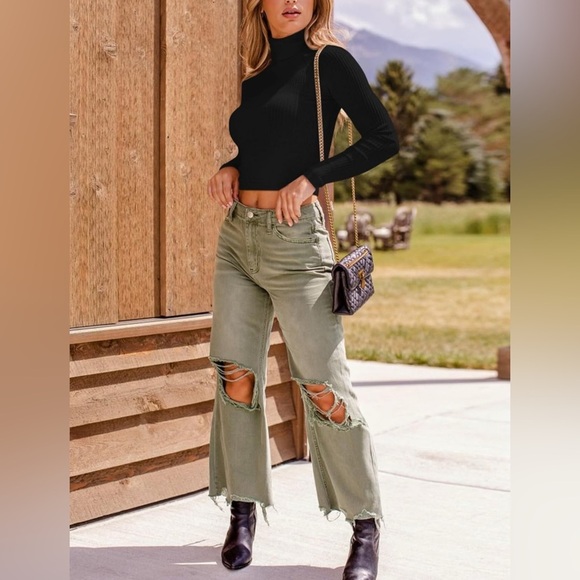 Mock Turtle Neck Long Sleeve Tight Ribbed Top Crop Sweater Y2K - Medium - Picture 3 of 11